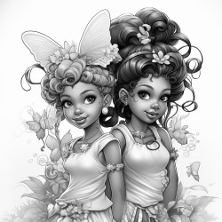two little african american fairies with ponytails and bows playing together