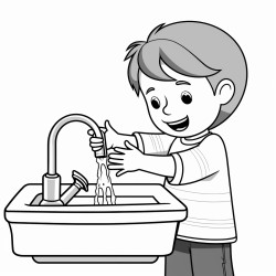 a kid rubbing and washing his hands under the tap water image should be black and white