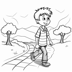 a boy walk on road zebra