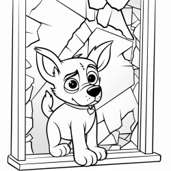 funny scene with dog by a broken window that he broke