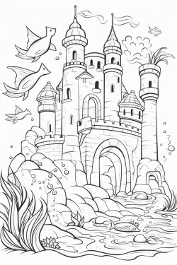 ocean mermaid and mermen with castle swimming and turtles coloring page