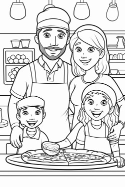 young girl mom dad and uncle at pizza shop