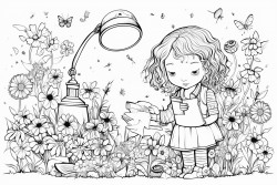 little girl looking through a magnifying glass at flowers all around her