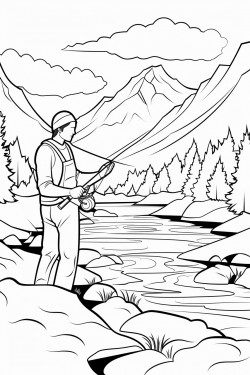 a fly fisherman by a river with mountains