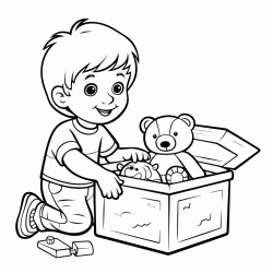 a 3year old boy putting toys in his toy box