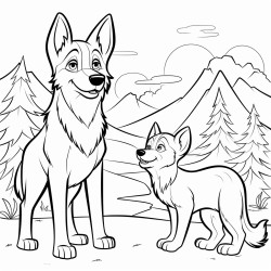 dog and a wolf staring at each other in the wilderness of alaska in the style of comic book