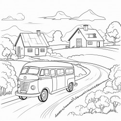 a camper van driving on a country road with farms in the background