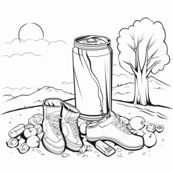 park with 4 pieces of garbage hidden an apple core old boot used pop can and candy wrapper