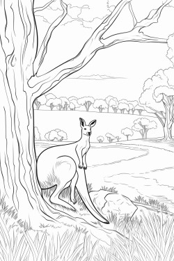 austrlian scene with gum trees and kangaroo