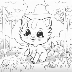 black and white coloring book drawing only thick outlines no grayscale for children in cartoon style cat forest