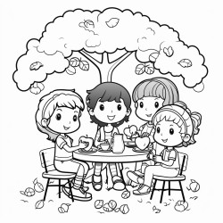 three girls and 2 boys having a tea party under a meatball tree