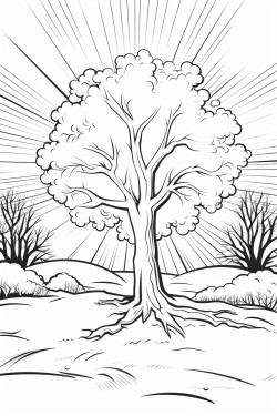 winter tree scene with the sun shining and sun rays