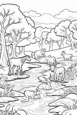 a river in a forest with kids playing and animals