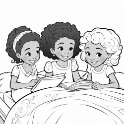 3 little afrolatina girls ages 2 4 and 5 smiling while reading a book on a bed