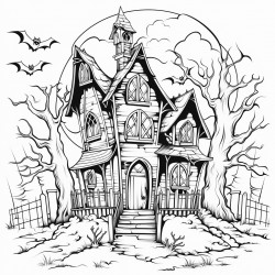 a spooky but not too scary haunted house with bats flying around and a ghost peeking out of a window