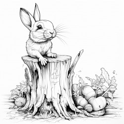 a rabbit eating a carrot in front of a tree stump