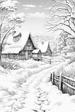 winter village scene with sun