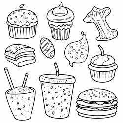 doodle of various food including cupcakes ice cream burger vegetables drink