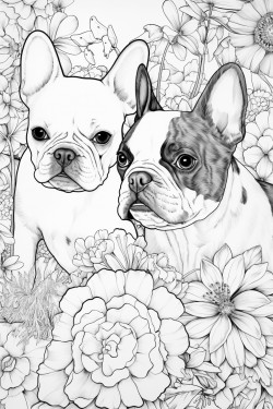 two french bulldogs playing together in a field of flowers