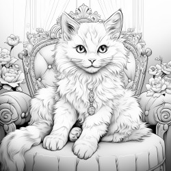 fluffy white spoiled cat with crown and pink diamond ring on left paw sitting on a cushion