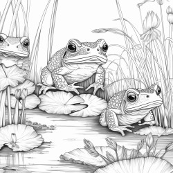 create a blackandwhite coloring page featuring cheerful frogs near a pond the frogs should have bold clear outlines with one sitting on a lily pad include details like rippling water reeds and dragonflies leaving ample space for easy coloring