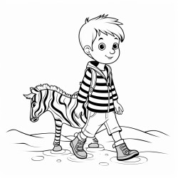 a boy walk on zebra