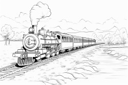 a railroad train with a steam locomotive a coal tender and passenger cars near a river