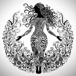 illustration of a woman in a dancing pose with mandala patterns integrated into her silhouette