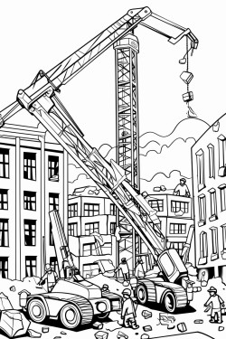 wrecking ball crane knocking down tall buildings with construction workers