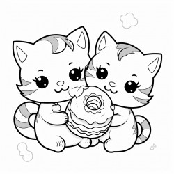 two little kittens cuddling eachother eating donuts
