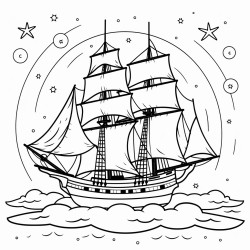 a pirate ship sailing under a starry sky