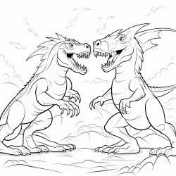 dragon fighting a tyrannosaurus