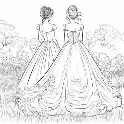 the back a thin bride and a larger bride in wedding dresses in a field of