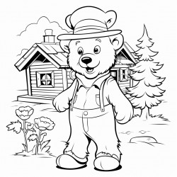 a cartooning farmer bear wearing a hat and shoes trees house