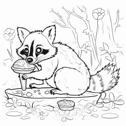 raccoon on a mushroom eating breakfast
