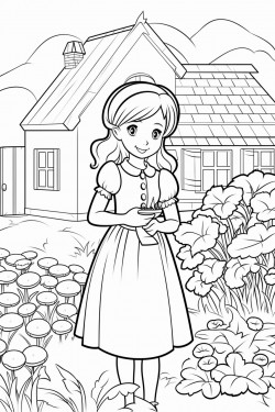 cottage with vegetable garden with flowers and a woman in a dress