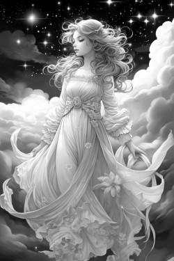 a magical fairy flying through the night starry sky with her wand