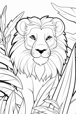 a lion in front of philodendron leaves palm leaves banana leaves