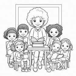 classroom of kinder kids with curly haired teacher