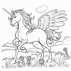 unicorn with wings majestically eating grass in a meadow
