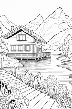 switzerland landscape with a quaint stone house surrounded by flowers wooden dock extending into a lake