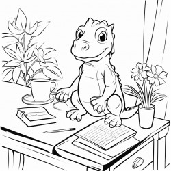 an iguana at a desk in the forest