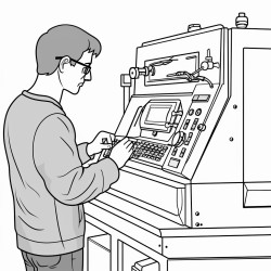 a machinist standing at a cnc machine inputting a program