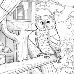 a extreme closeup of a wise old owl threequarter view to the left in a cozy treehouse interior