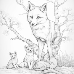 wild fox and its babies under a tree