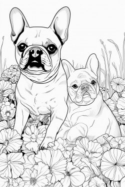 two french bulldogs playing together in a field of flowers