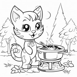 a cat cooking in the forest