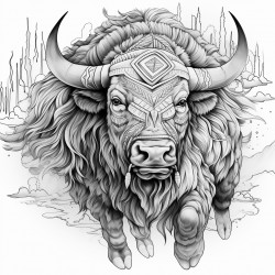 buffalo running with headdress made from geometric designs