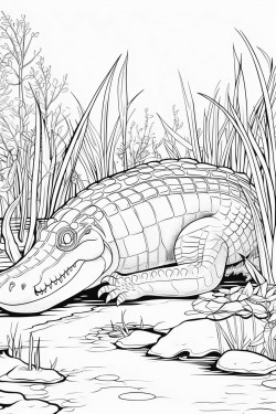 a gharial resting by the side of a river its long snout visible with jungle foliage and water plants nearby
