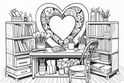 art studio with all kind art supplies making a heart shape on outline style